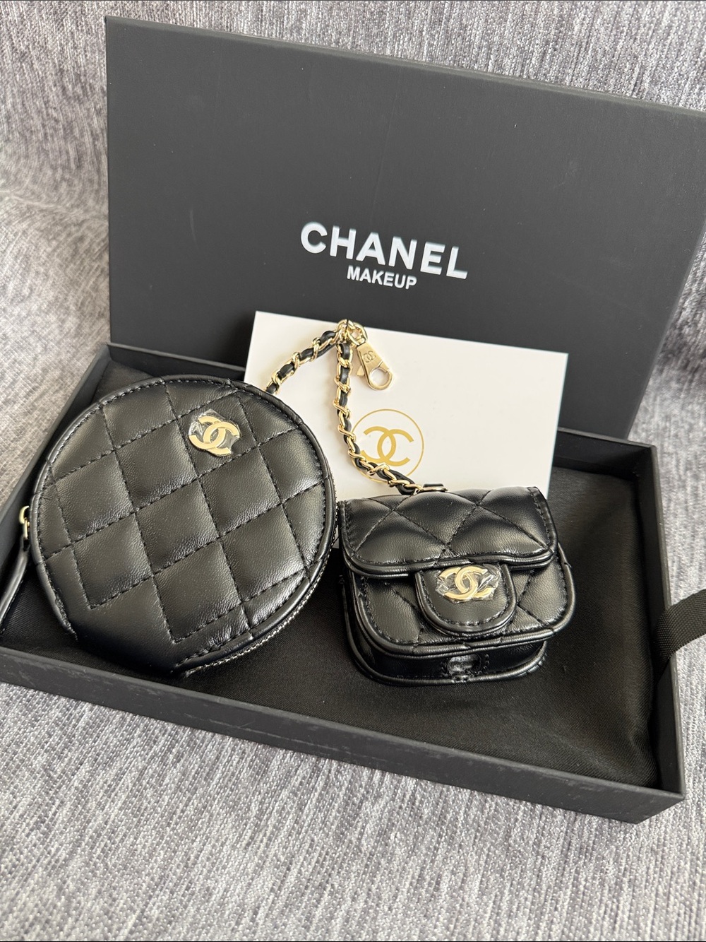Black Quilted Leather Mini Bag Duo with Gold Hardware